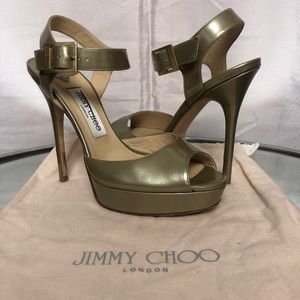 JIMMY CHOO Champagne Open-toe Platform Sandal Pumps, Sz 37.5